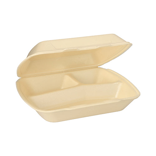 Une boîte à menu Starpak beige, rectangulaire avec couvercle rabattable (XPS, 3 compartiments, 7,5 x 24,3 x 20,8 cm) est ouverte et vide, montrant trois compartiments à l'intérieur.