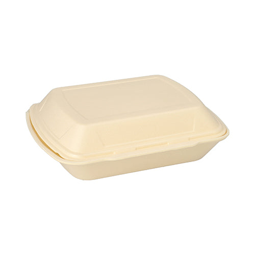 Une boîte à menu Starpak beige fermée avec couvercle rabattable en XPS, 3 compartiments (7,5 x 24,3 x 20,8 cm), pour la restauration, est visible sur un fond blanc.