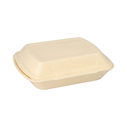 Une boîte à menu Starpak beige fermée avec couvercle rabattable en XPS, 3 compartiments (7,5 x 24,3 x 20,8 cm), pour la restauration, est visible sur un fond blanc.