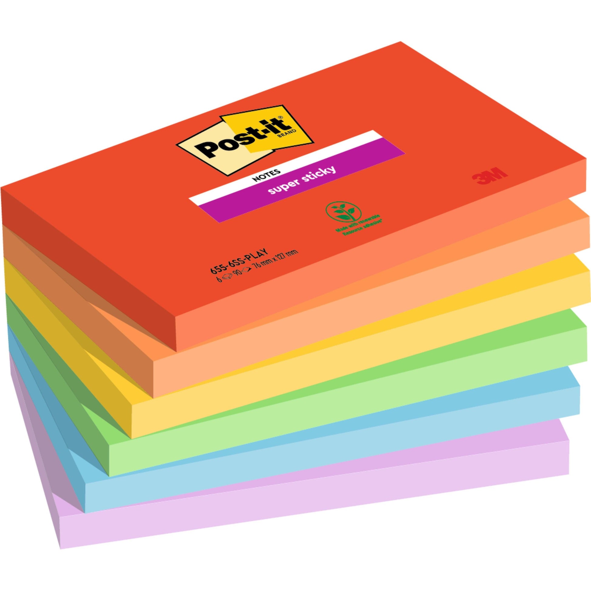 Ein Stapel Post-it® Super Sticky Notes von 3M Deutschland GmbH, 76 x 127 mm, 90 Blatt pro Block, 100% PEFC-zertifiziert, in verschiedenen Farben, mit dem Logo auf dem obersten Blatt.