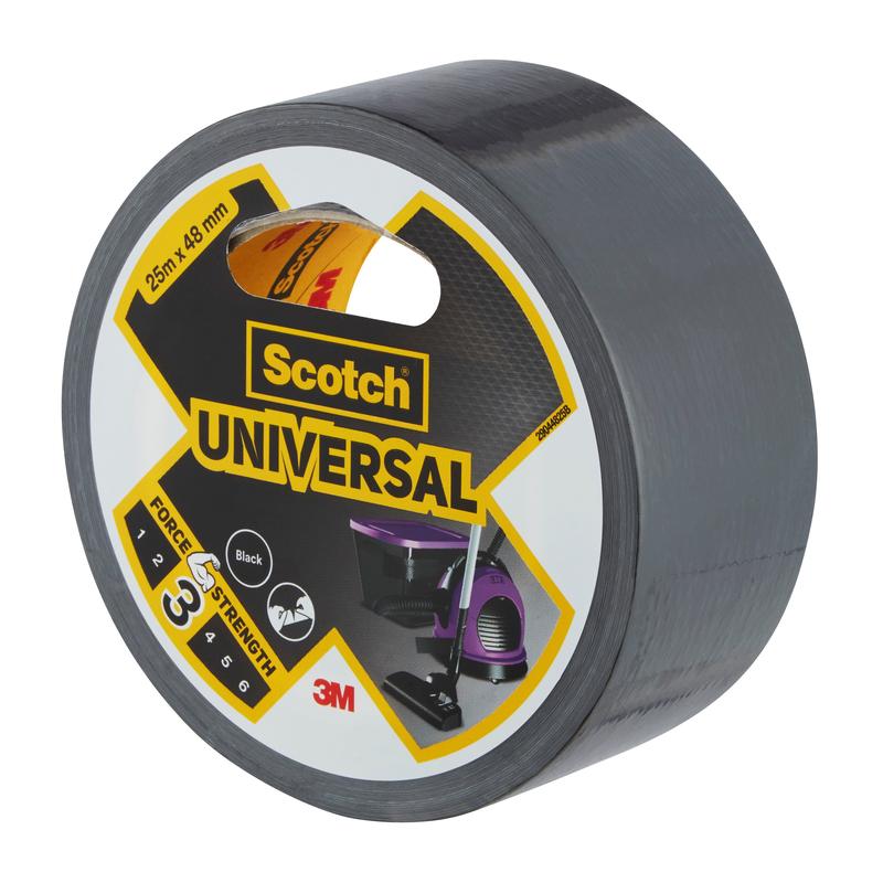 Un rouleau de ruban adhésif Scotch® Universal 2904, 25 m x 48 mm de 3M Deutschland GmbH, avec une étiquette portant le nom de la marque, le nom du produit, la taille du ruban, le niveau de force 3 et le logo 3M.
