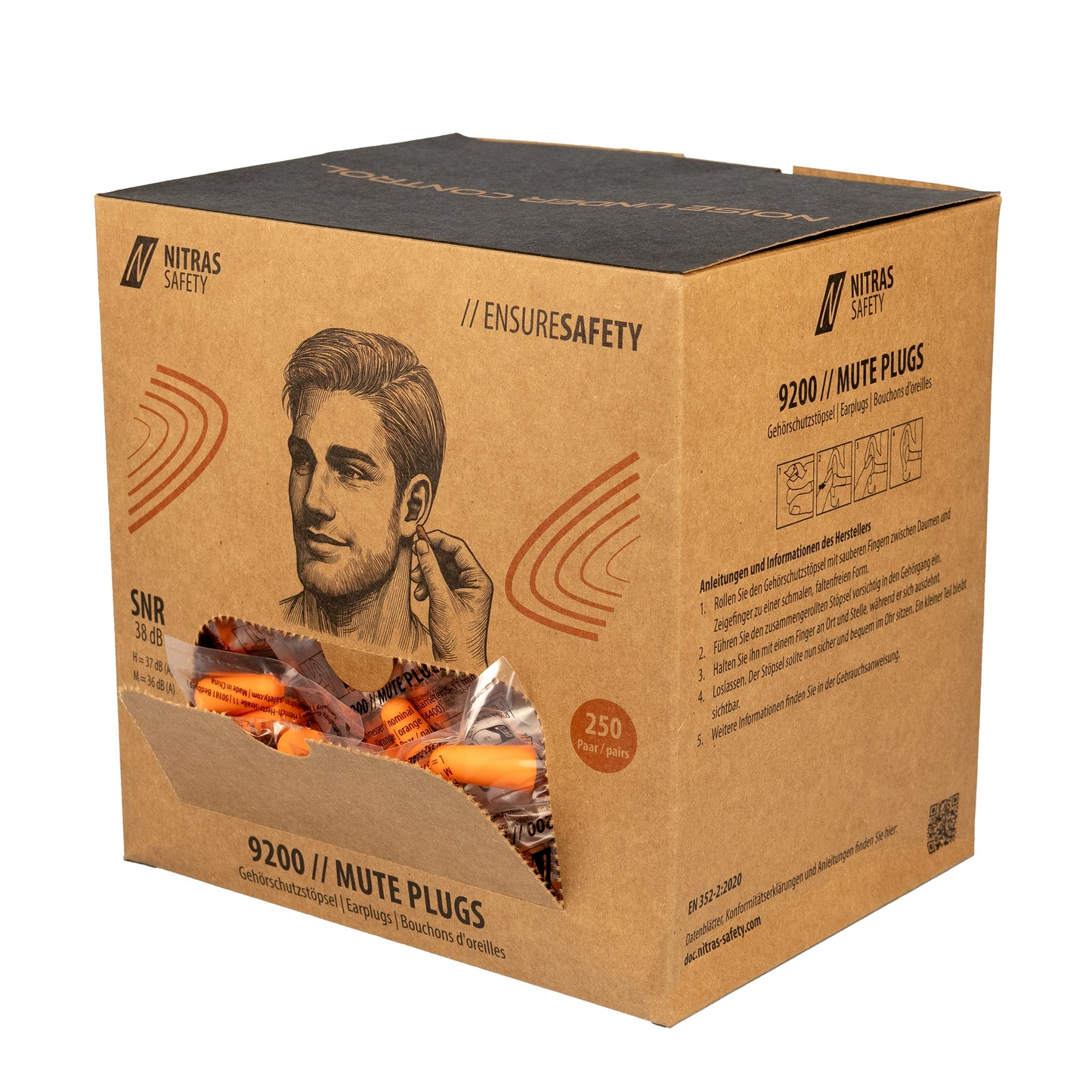 NITRAS MUTE PLUGS, bouchons d'oreille, orange, EN 352-2, 250 paires / boîte UE | Paquet (1 pièce)