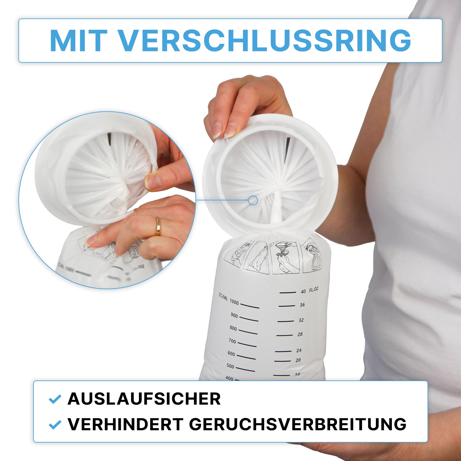 Eine Person demonstriert das Verschließen eines ARNOMED Spuckbeutels mit Verschlussring (ARNOWA GmbH), eines weißen medizinischen Kunststoffbeutels mit Messmarken und bebilderter deutscher Anleitung, die den Auslaufschutz und die Geruchsvermeidung hervorhebt. Satz: 25 Stück.