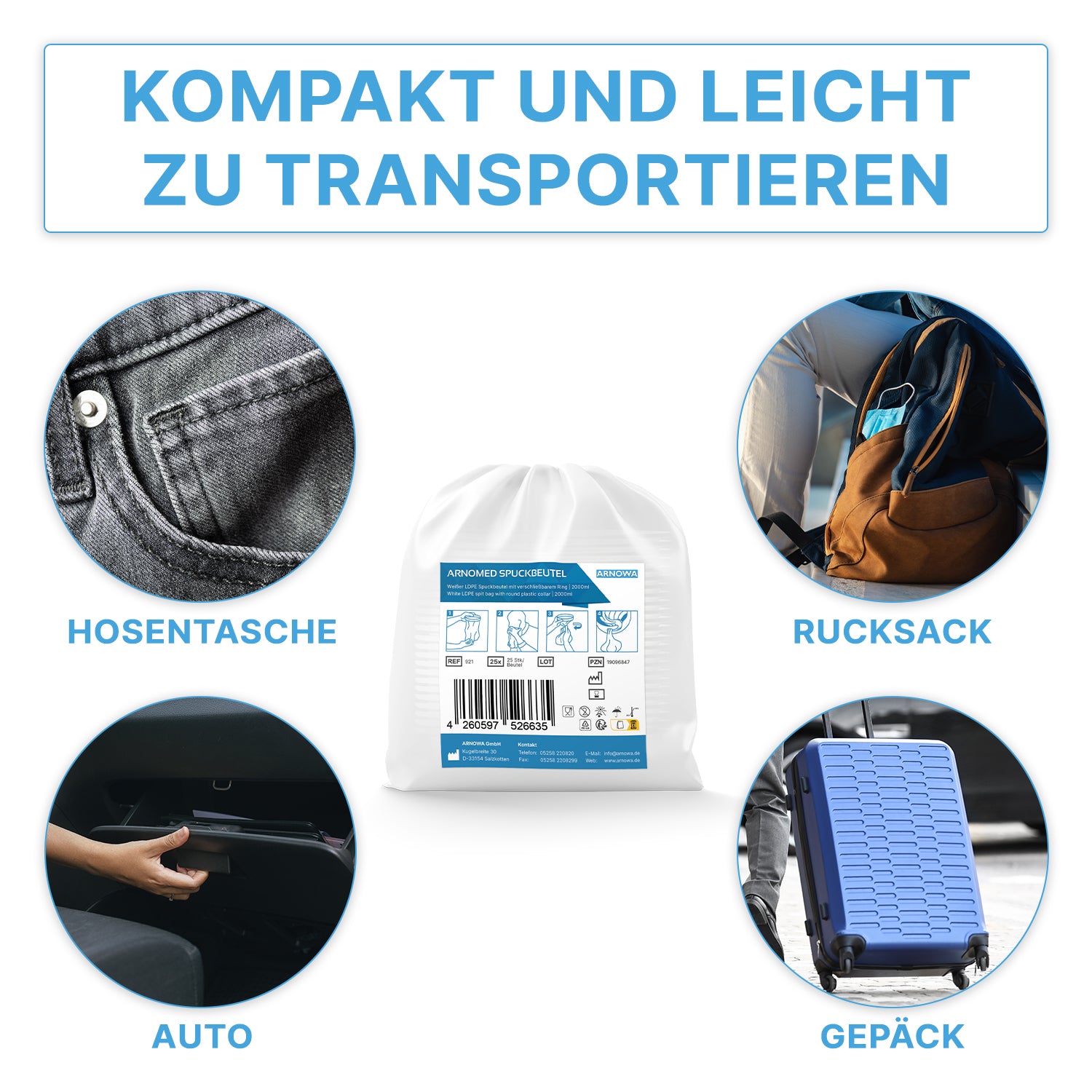 Ein weiß verpackter ARNOMED Spuckbeutel von ARNOWA GmbH steht im Mittelpunkt, umgeben von Bildern mit den Labels "Hosentasche", "Rucksack", "Auto" und "Gepäck", die das hygienische, praktische Beutel-Set (25 Stück) mit Verschlussring zeigen.