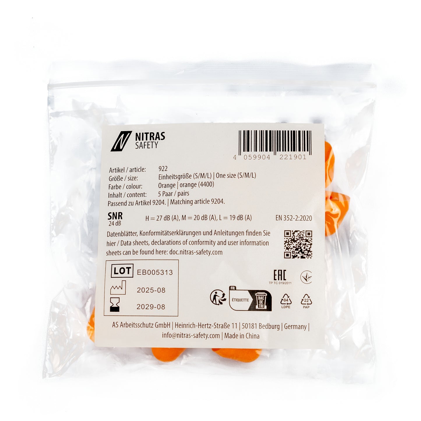 NITRAS oordopjes, oranje, EN 352, polybag à 5 paar | Pak (1 stuk)