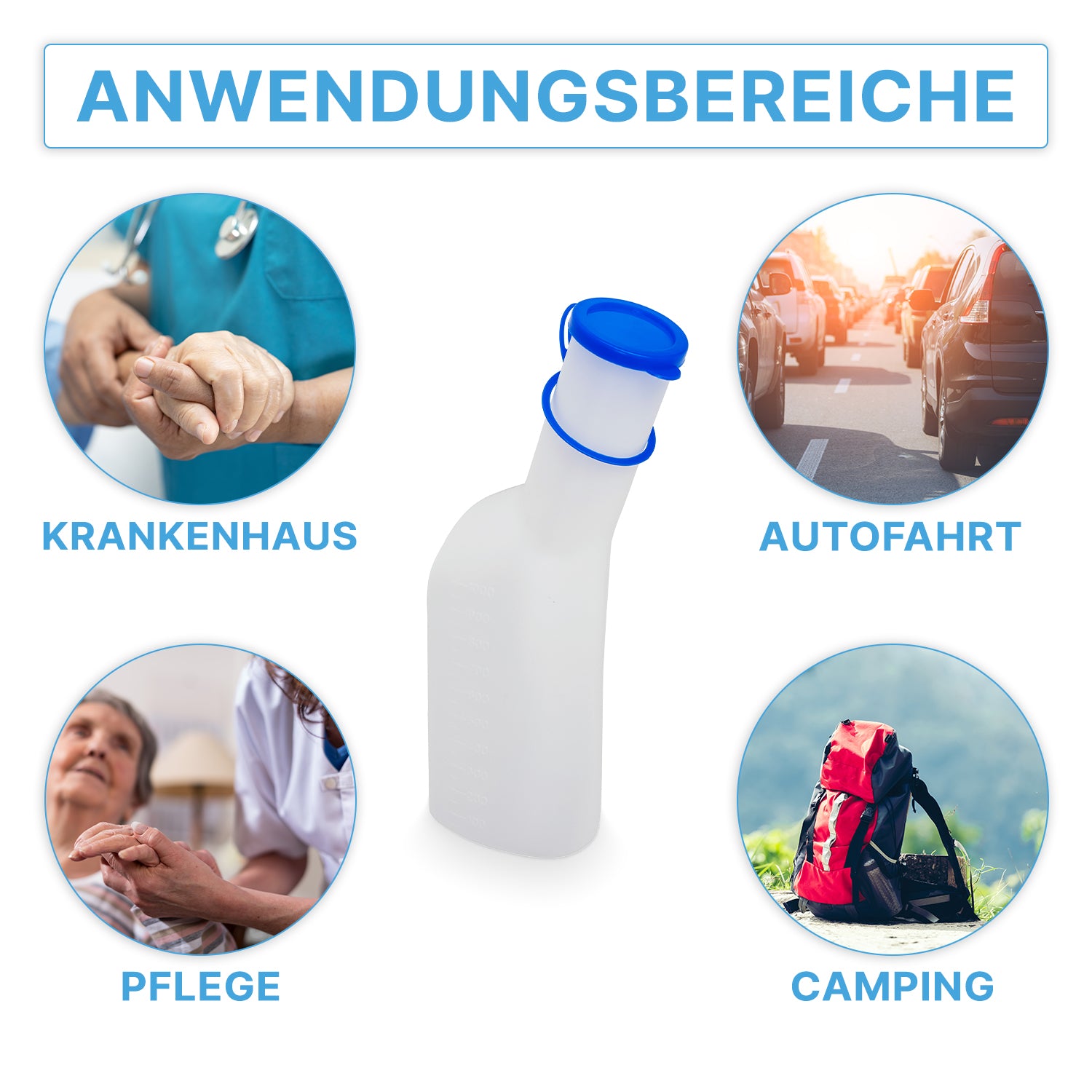 Die ARNOMED Urinflasche ECO Herren der ARNOWA GmbH aus weißem Kunststoff mit blauem Deckel ist zentral abgebildet, umgeben von Symbolen für Krankenhaus, Autofahrt, Pflege und Camping - und unterstreicht damit ihre hygienische und vielseitige Verwendbarkeit.