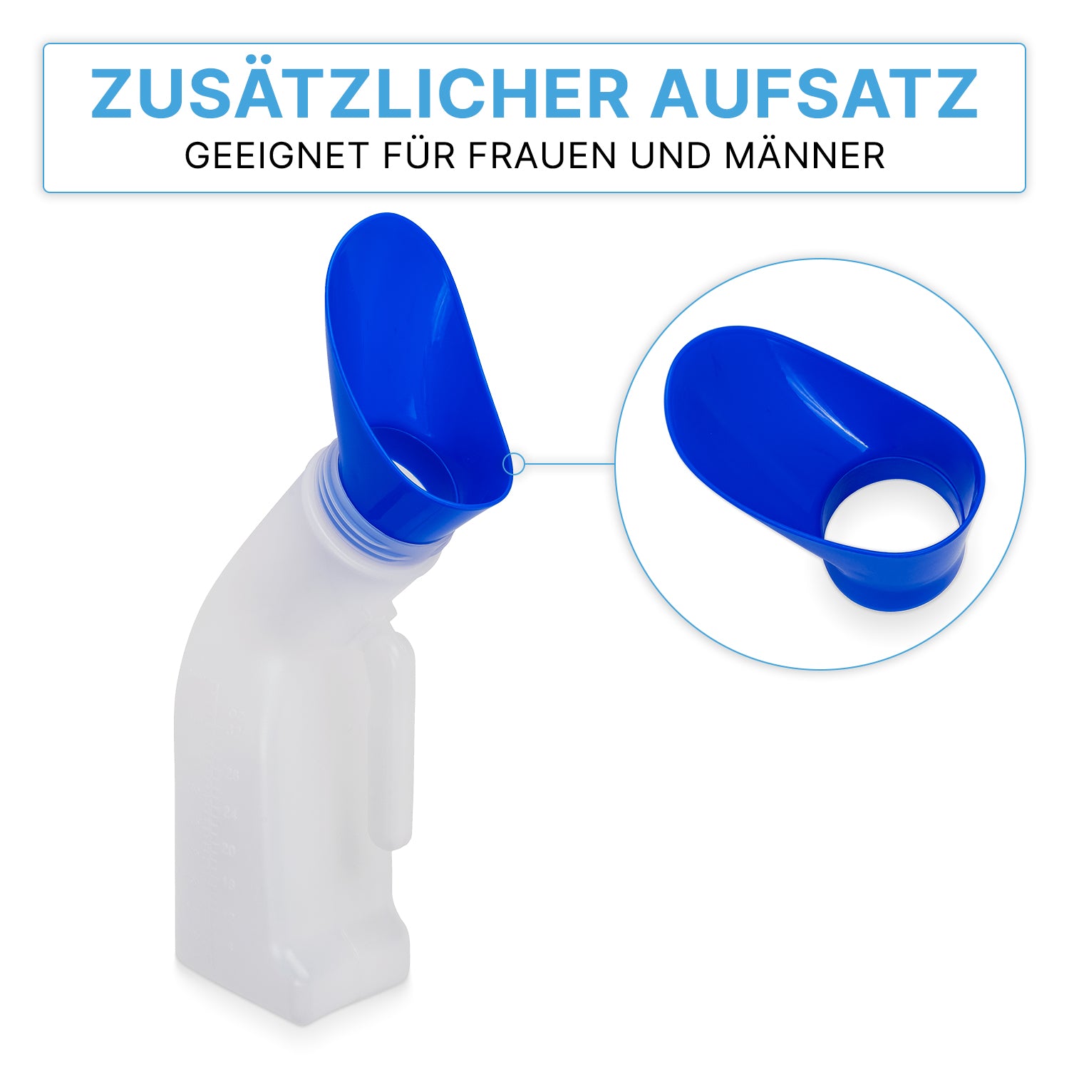 Die ARNOMED Urinflasche Classic Unisex (ARNOWA GmbH) hat einen blauen Aufsatz für die hygienische Nutzung durch Männer und Frauen. Ein kreisförmiger Einsatz hebt dieses Merkmal hervor. Der Text darüber lautet: "ZUSÄTZLICHER AUFSATZ GEEIGNET FÜR FRAUEN UND MÄNNER.