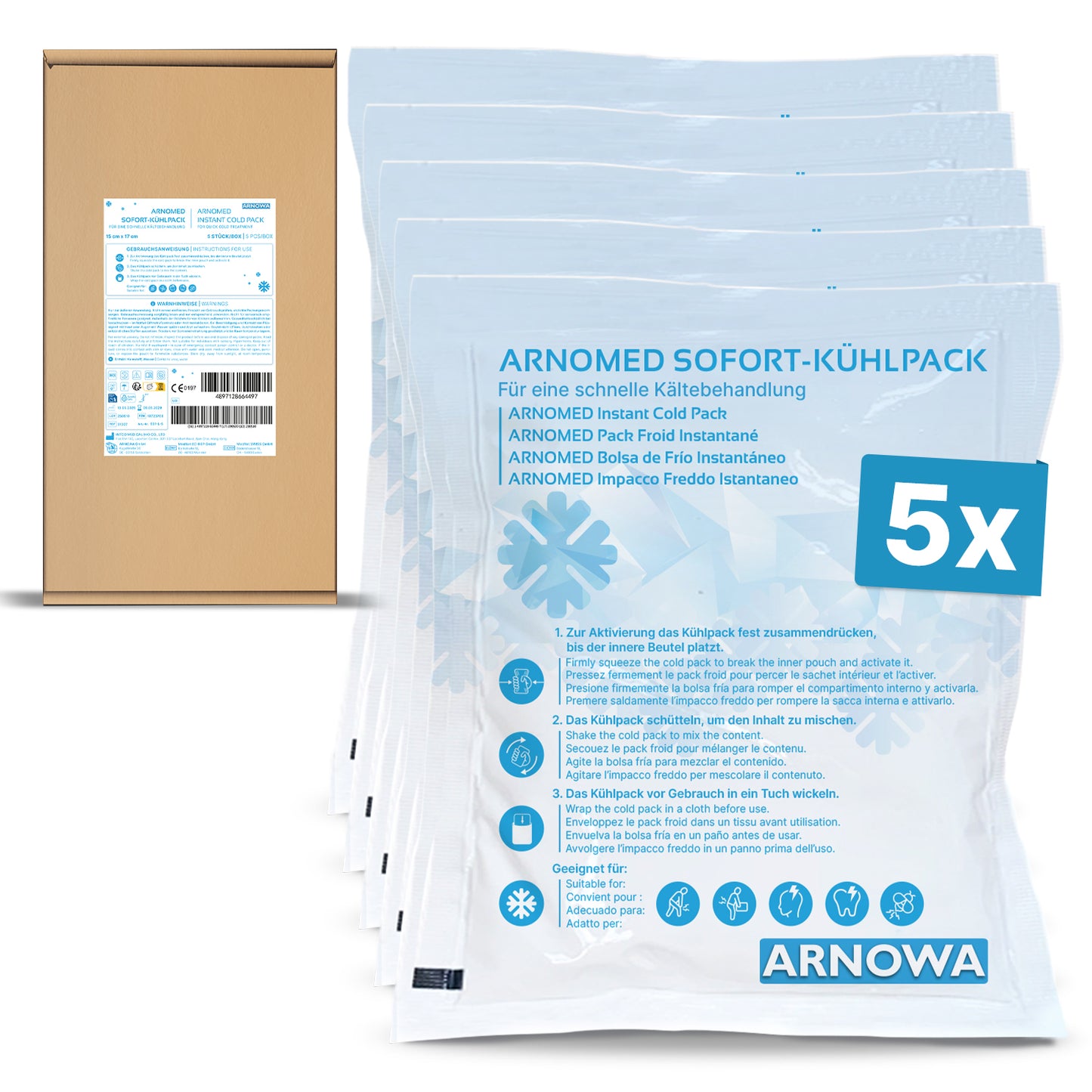 Fünf ARNOMED SOFORTKÄLTEKOMPRESSE der ARNOWA GmbH sind vor ihrem Verpackungskarton abgebildet. Die Packungen haben mehrsprachige Etiketten und ein blaues "5x" für die Menge, während die Schachtel Produktdetails und Barcodes zeigt.