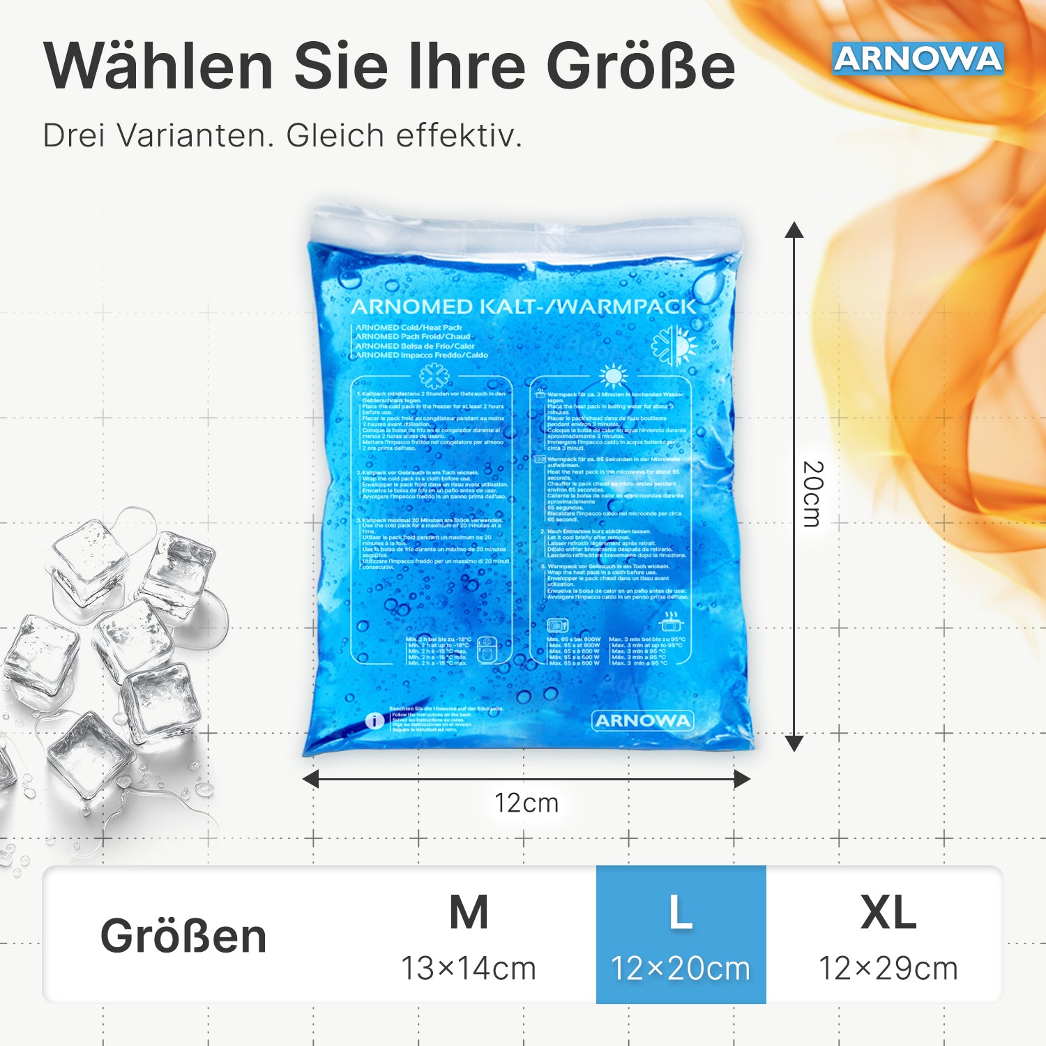 Ein blauer ARNOMED KALT-/WARMPACK von ARNOWA GmbH (12x20 cm) ist zentriert, darunter die Größenoptionen M (13x14 cm), L und XL. Eiswürfel und warme Orange-Grafiken betonen die effektive Schmerzlinderung.