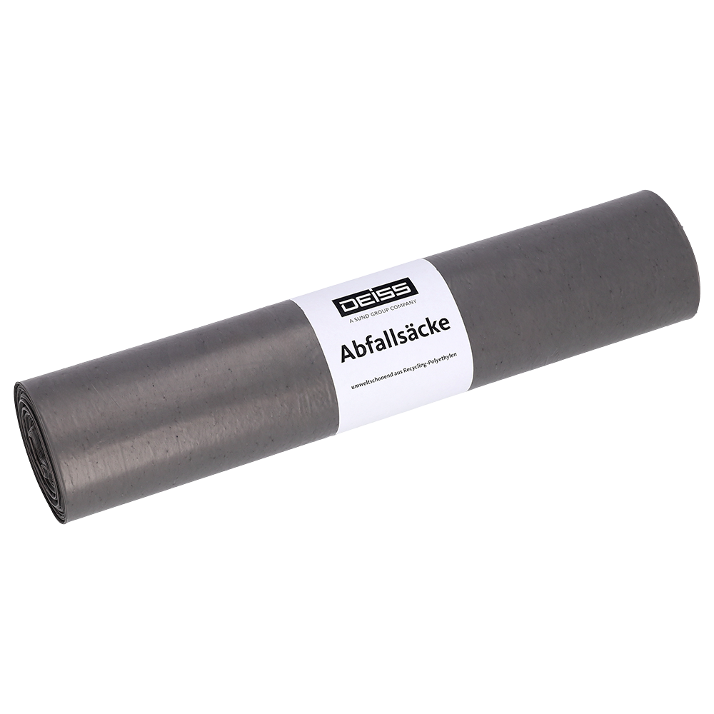 Abgebildet ist eine Rolle EMIL DEISS KG (GmbH + Co.) Abfallsäcke, DEISS 94020 - 550x650 mm Typ 60 grau | Rolle (25 Stück), mit weißem "Abfallsäcke"-Etikett, auf einfarbigem hellem Hintergrund.
