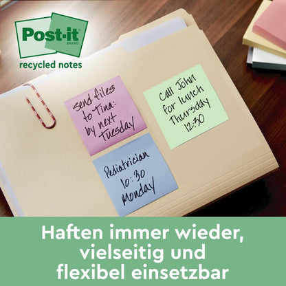 Un dossier contient trois Post-it® Super Sticky 100% Notes Recyclées (76x76mm, 70 feuilles/bloc, 100% PEFC) de 3M Allemagne GmbH en rose, bleu et vert ; le texte allemand met en avant leur réutilisabilité et leur polyvalence.