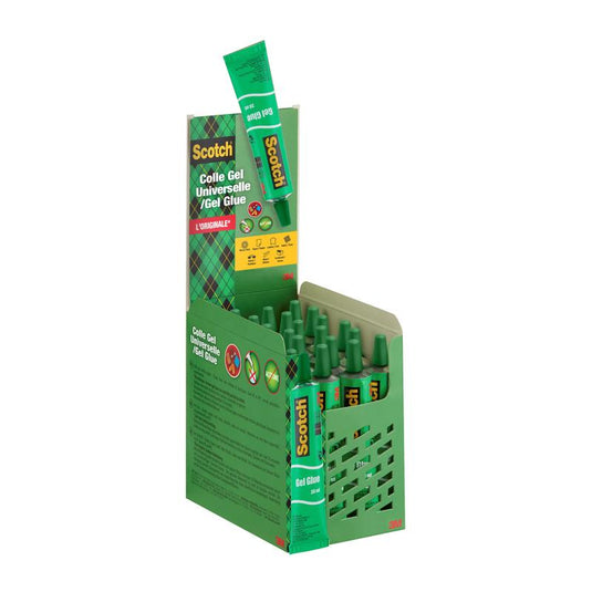 Een groene displaydoos bevat 24 tubes 3M Deutschland GmbH Scotch® vloeibare lijm (30 ml); een tube staat rechtop. De verpakking toont productinformatie in meerdere talen en afbeeldingen die het gebruik van de sterke lijm benadrukken.