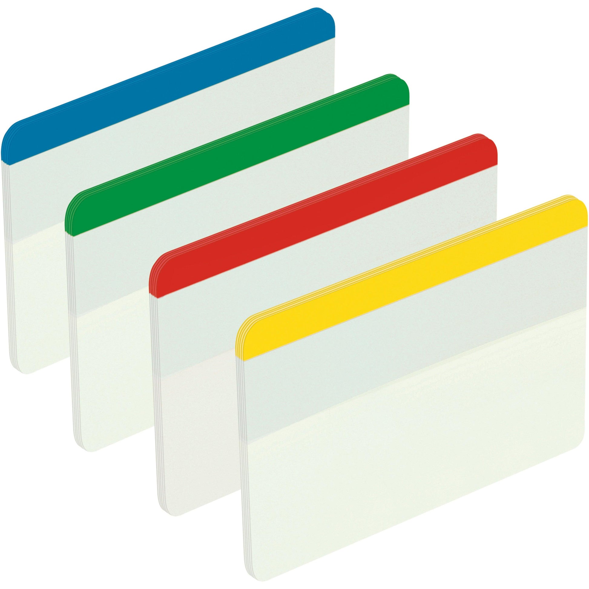 Vier Post-it® Index Strong Ablagetabs von 3M Deutschland GmbH sind in einer Reihe angeordnet, jeweils mit blauem, grünem, rotem oder gelbem oberen Rand und weißem Körper. Größe: 50,8 mm x 38,1 mm; 24 Ablagetabs pro Spender; 1 Spender pro Packung.