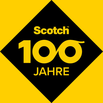 Een zwarte ruit op geel toont het Scotch™-logo en "100 JAAR", met de nullen als oneindigheidssymbool, en viert de Scotch™ DECO schaar (16,5 cm) van 3M Deutschland GmbH in groen, blauw of roze - 1 per verpakking.