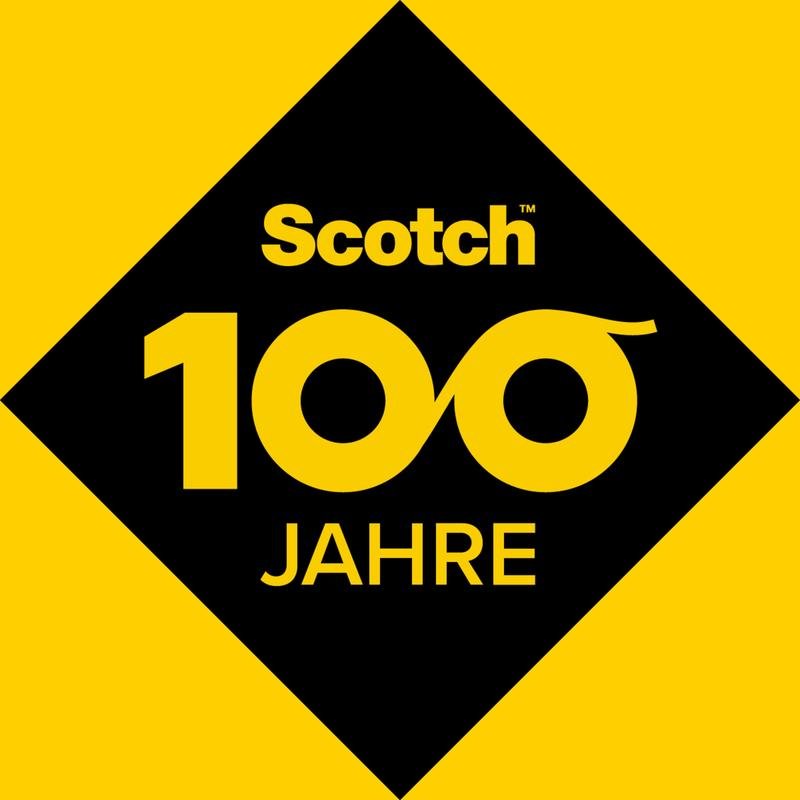 Un losange noir sur fond jaune affiche "Scotch 100 ans" avec des zéros infinis, marquant ainsi l'anniversaire de la colle transparente sans solvant Scotch® pour la maison (30 ml) de 3M Deutschland GmbH.
