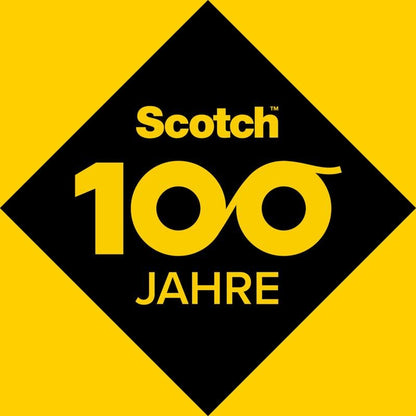Un losange noir sur fond jaune affiche "Scotch 100 ans" avec des zéros infinis, marquant ainsi l'anniversaire de la colle transparente sans solvant Scotch® pour la maison (30 ml) de 3M Deutschland GmbH.