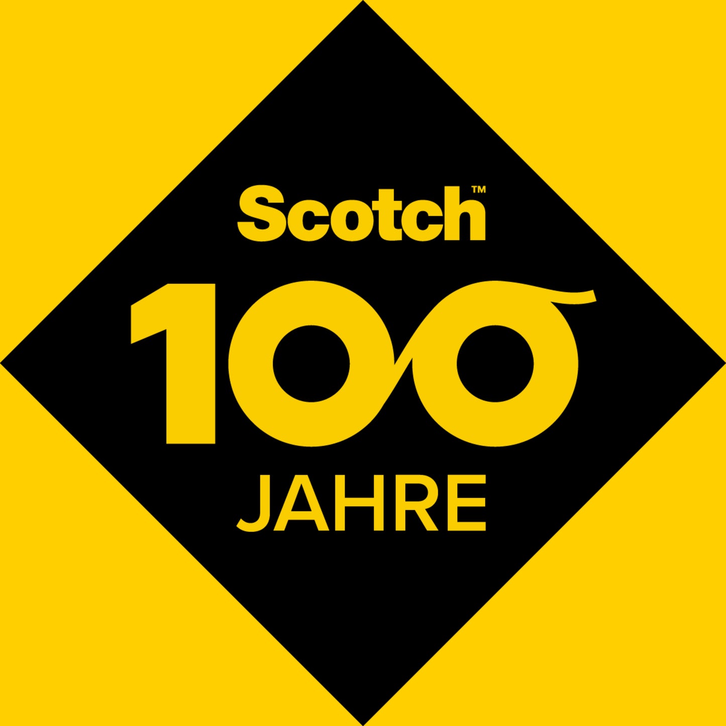 Un losange noir avec un bord jaune montre le logo du ruban adhésif pour tapis Scotch® de 3M Deutschland GmbH et le chiffre 100 stylisé avec du ruban adhésif, au-dessus "ANNÉES" sur fond jaune.