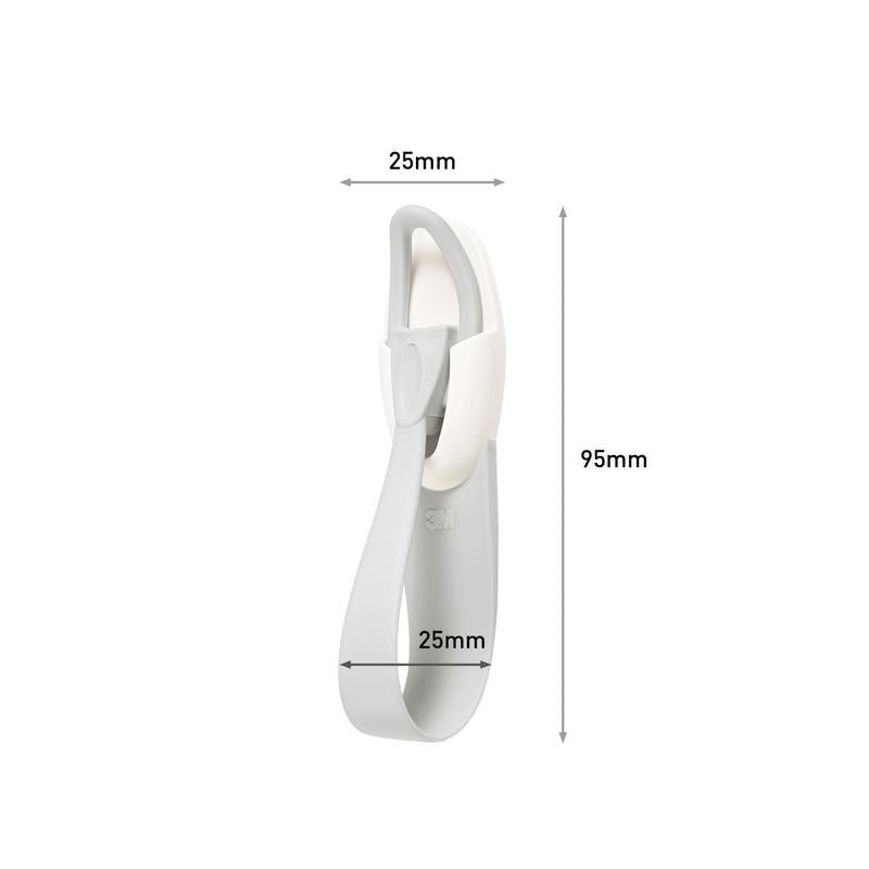 Le support de câble Command™ 17304-FR de 3M Deutschland GmbH, en blanc et gris, mesure 25 mm de large et 95 mm de haut. Il dispose d'une base incurvée et d'un crochet rotatif arrondi qui aide à éviter le désordre des câbles.