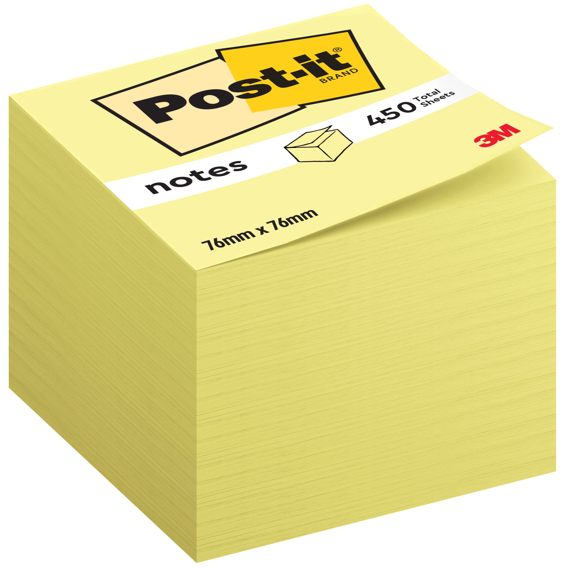 Eine Packung Post-it® Notes Würfel 636-B von 3M Deutschland GmbH, in gelb, 76 x 76 mm, enthält 450 Blatt pro Block. Die Packung ist PEFC-zertifiziert (SGSCH-PEFC-COC-110078) und enthält einen Block.