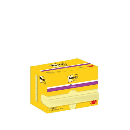 Een gele Post-it® Super Sticky Notes Box (47,6 x 47,6 mm, 90 vel/pad, 100% PEFC) van 3M Deutschland GmbH toont de logo's van Post-it en 3M met een paarse streep en productinformatie op de verpakking.