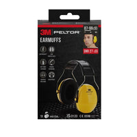 Vooraanzicht van een doos met 3M™ PELTOR™ Optime™ I-oorbeschermers H510A, geel, SNR-waarde 27 dB (1 stuk) van 3M Deutschland GmbH. Op de verpakking zijn gele oorbeschermers met een zwarte hoofdband afgebeeld, evenals een persoon die deze draagt.