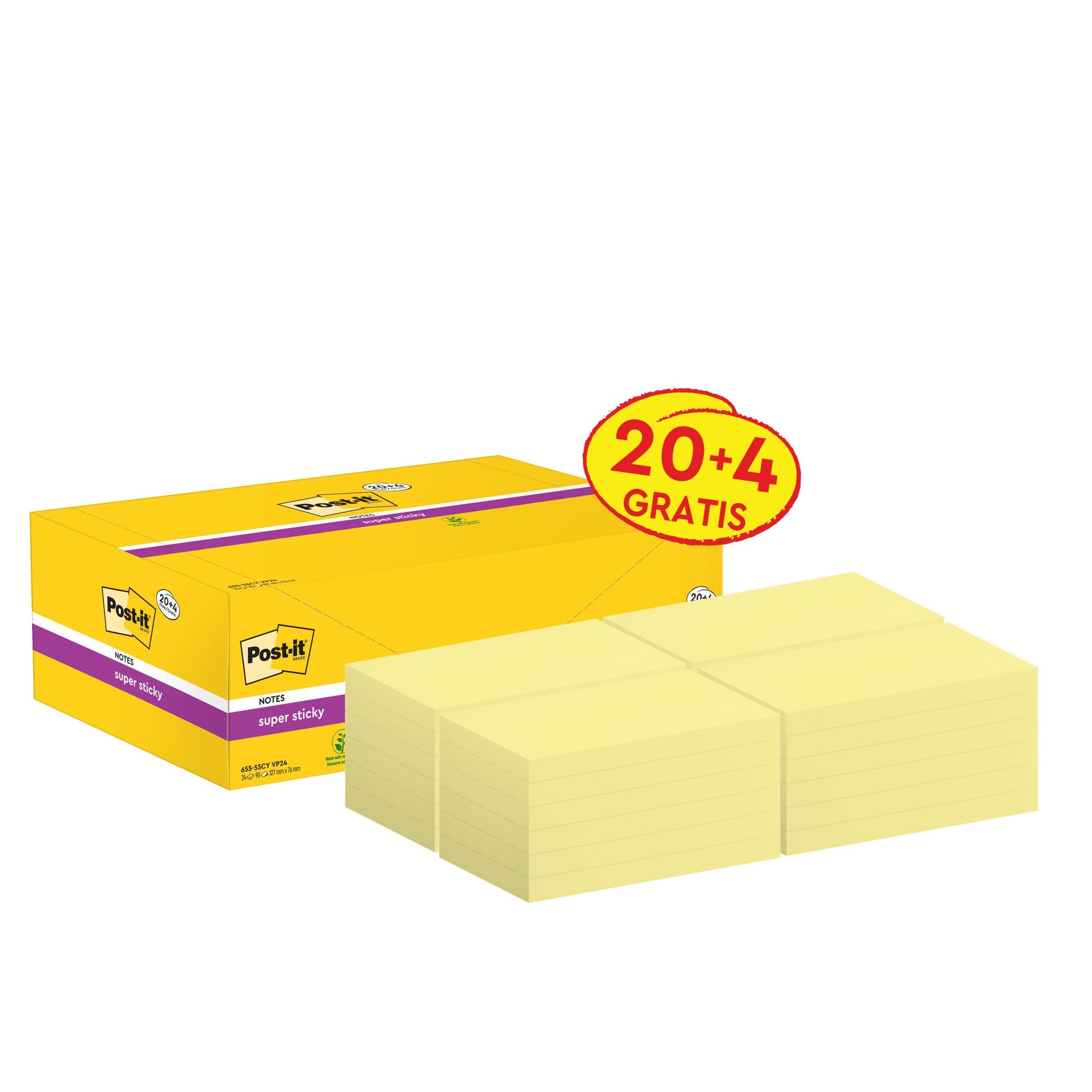Eine gelbe Schachtel 3M Post-it® Super Sticky Notes (76 x 127 mm, Gelb, 90 Blatt/Block) enthält 24 Blöcke mit einem Etikett "20 + 4 GRATIS". Die Verpackung ist kartonverpackt, PEFC-zertifiziert (SGSCH-PEFC-COC-110078).