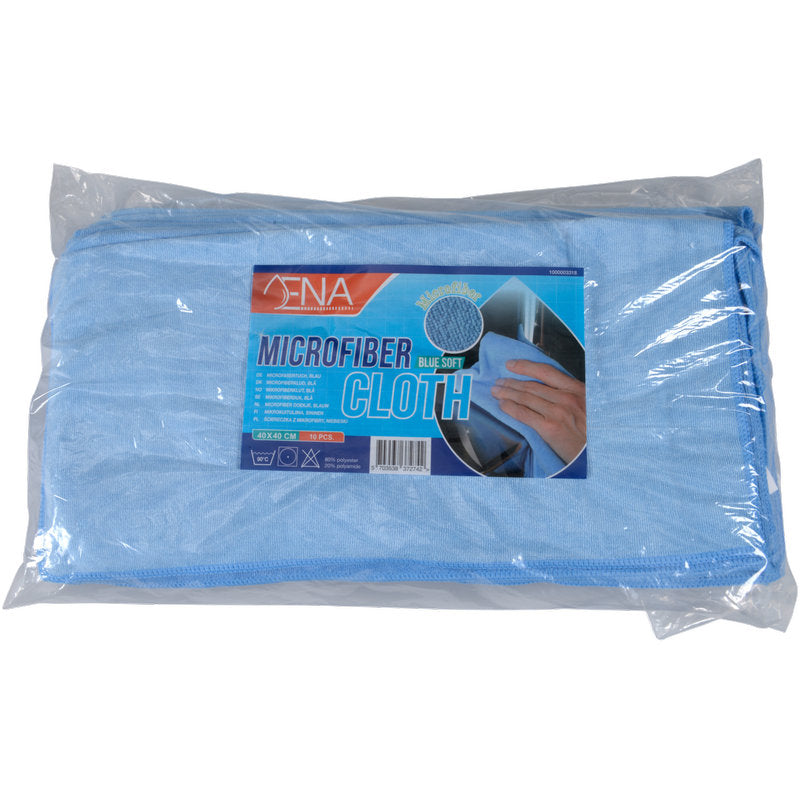Dans un emballage en plastique transparent se trouve un chiffon en microfibre bleu plié ENA Soft (40x40 cm) d'Abena Re-Seller GmbH. Sur l'étiquette est inscrit "Chiffon en microfibre" avec une image de nettoyage des mains, idéal pour l'entretien automobile et le nettoyage en profondeur.