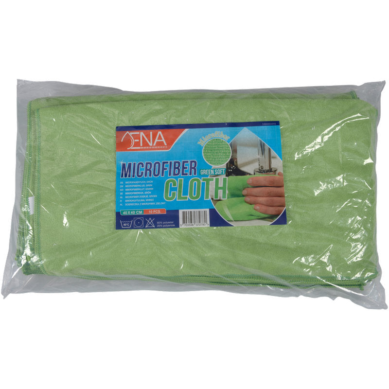 Le chiffon en microfibre ENA Soft, 40x40 cm d'Abena Re-Seller GmbH, est un chiffon en microfibre vert dans un plastique transparent avec une étiquette bleu-rouge "Chiffon en microfibre" montrant un nettoyage des mains - un choix parfait pour le nettoyage et l'entretien automobile.