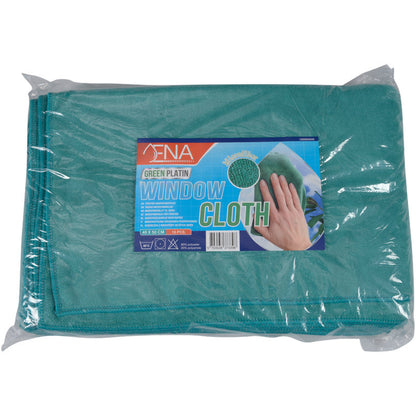 Een 10-pack Abena Re-Seller GmbH microvezeldoek ENA Platin Ramenlap, 40x50 cm, Groen, gevouwen en verpakt in transparante folie, zorgt voor streeploze reiniging en is voorzien van de opdruk "Groene Platin Ramenlap" en een afbeelding van een raamwrijvende hand.