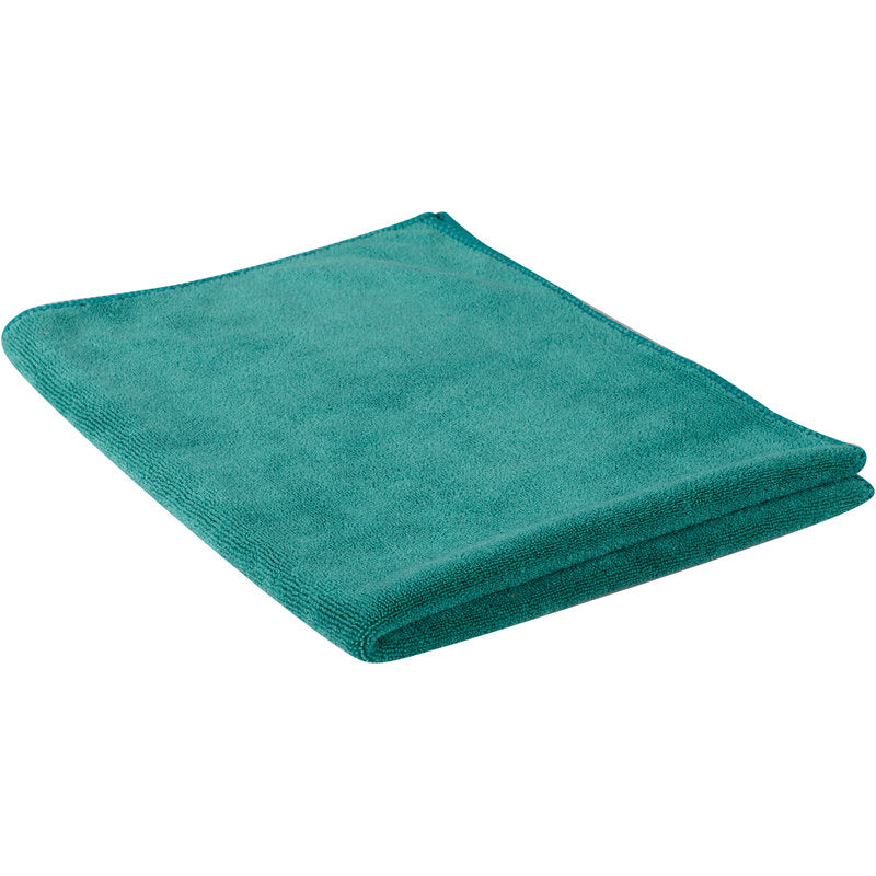 Een gevouwen groen microvezeldoek ENA Platin Ramenlap (40x50 cm) van Abena Re-Seller GmbH is afgebeeld op een witte achtergrond. De zachte, gestructureerde doek met afgewerkte randen is perfect voor streeploze reiniging. Verpakking: 10 stuks.