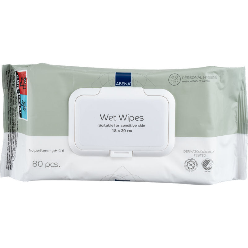 Eine Packung Abena Re-Seller GmbH Feuchtpflegetücher mit Deckel, 18x20 cm, weiß, dermatologisch getestet, unparfümiert, pH 4-6. Ideal für empfindliche Haut und unterwegs. Enthält 80 praktische Tücher.