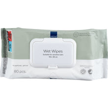 Eine Packung mit 80 Abena Re-Seller GmbH Feuchtpflegetüchern (18x20 cm, weiß) mit wiederverschließbarem Deckel; parfümfrei, pH 4-6, dermatologisch getestet - ideal für die schonende Reinigung unterwegs.