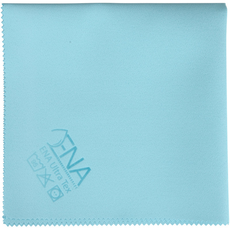Un chiffon ENA Ultra Tex PU bleu clair (38x37 cm) de Abena Re-Seller GmbH avec des bords en zigzag, des symboles d'entretien et l'inscription "FNA Ultra Tex" en bas à gauche - parfait pour un nettoyage sans traces.