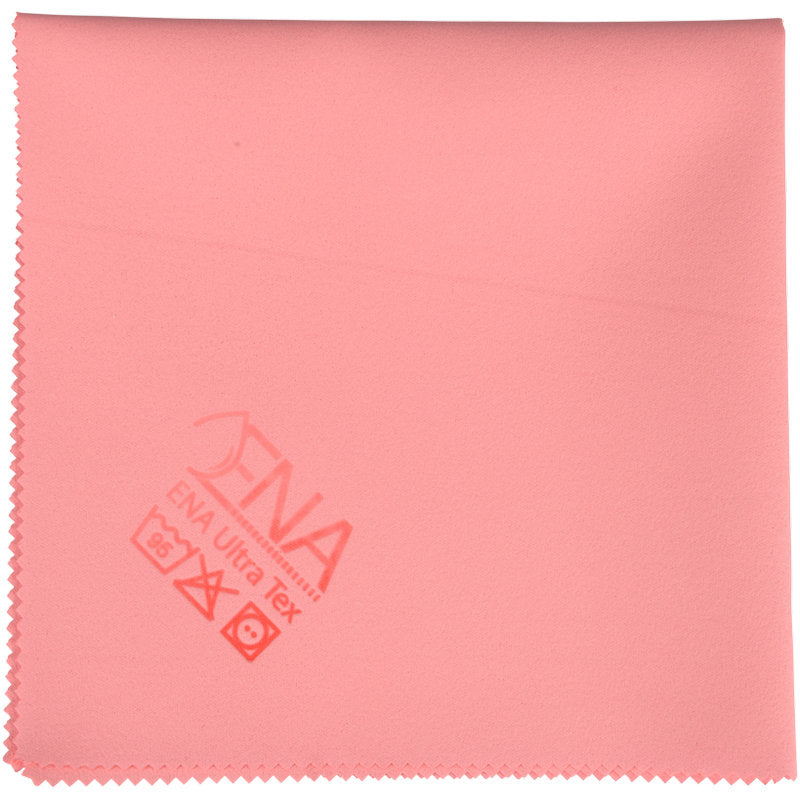 Le chiffon ENA Ultra Tex PU de Abena Re-Seller GmbH est un chiffon de nettoyage rose carré (38x37 cm) avec des bords en zigzag pour un nettoyage sans traces et un logo de marque imprimé avec des symboles d'entretien dans un coin.