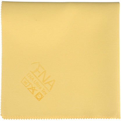 Un chiffon ENA Ultra Tex PU carré jaune clair (38x37 cm) de Abena Re-Seller GmbH en microfibre avec des bords en zigzag et des symboles d'entretien plus un logo dans un coin - parfait pour un nettoyage sans traces.