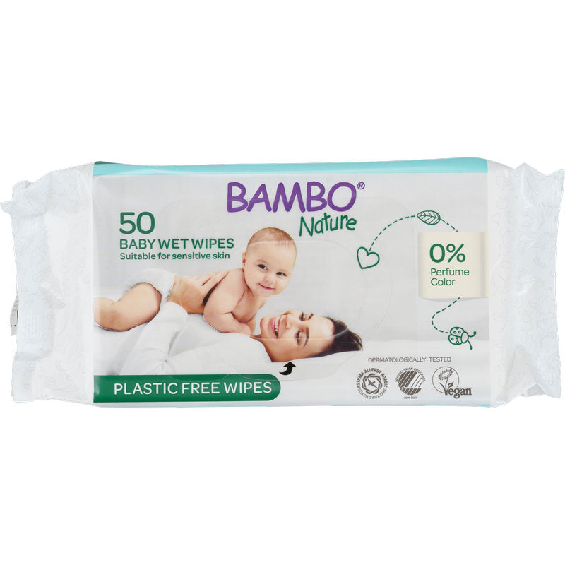 Eine Packung Bambo Nature Feuchpflegetücher (50 Stück) von Abena Re-Seller GmbH, hergestellt aus 100% Viskose, biologisch abbaubar, geeignet für empfindliche Haut, mit 0% Parfüm und Farbe.
