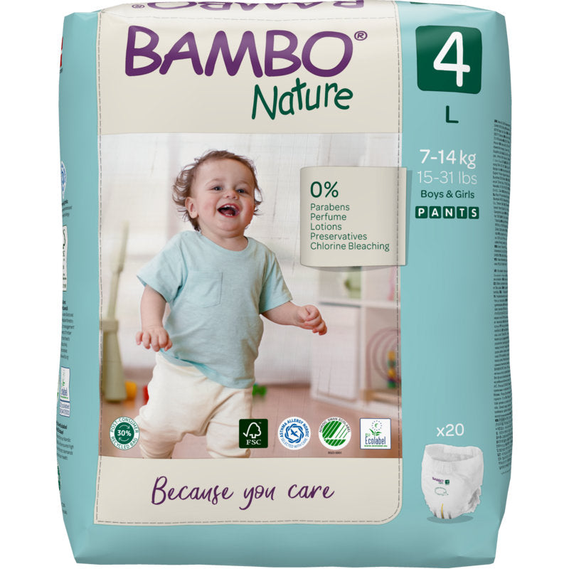 Eine Packung Bambo Nature Pants der Abena Re-Seller GmbH (Größe 4) zeigt ein lächelndes Kleinkind in einem hellblauen Hemd und einer weißen Windel. Auf der 20er-Packung steht "0% Parabene, Parfüm, Lotionen, Konservierungsstoffe, Chlorbleiche.