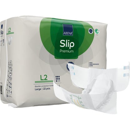Eine Packung ABENA Slip Premium von Abena Re-Seller GmbH, große Größe, 22 Stück; ein Slip ist vorne teilweise aufgefaltet. Die weiße Verpackung mit grünen und blauen Akzenten sorgt für zuverlässigen Inkontinenzschutz.