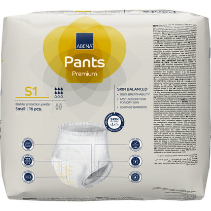 Un paquet de 16 pièces ABENA Pants Premium S de Abena Re-Seller GmbH pour la protection de la vessie, taille small. L'emballage principalement blanc avec des couleurs jaune et bleu contient des informations sur le produit, des icônes et une photo de la culotte d'incontinence.