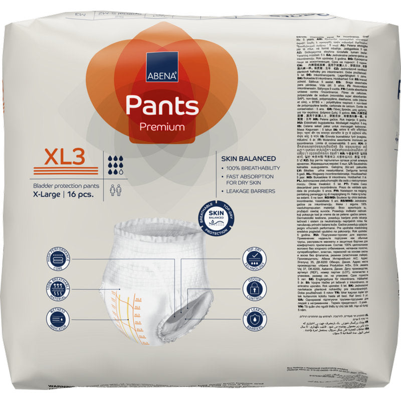 Eine Packung ABENA Pants Premium XL von Abena Re-Seller GmbH (X-Large, 16 atmungsaktive Inkontinenzhosen) ist mit einer Produktinformation, einem Bild und Symbolen für Atmungsaktivität und schnelle Aufnahme auf der Verpackung versehen.