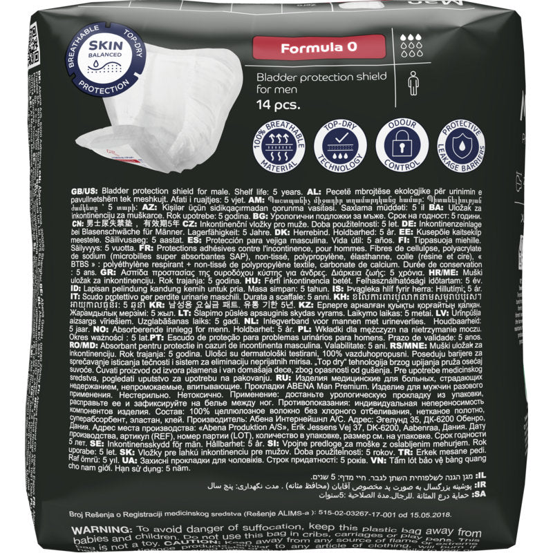 Un pack de 14 ABENA Man Formula Premium de Abena Re-Seller GmbH, variante "Formula 0", avec des informations produit multilingues, des instructions et des avertissements sur l'emballage.