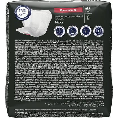 Un pack de 14 ABENA Man Formula Premium de Abena Re-Seller GmbH, variante "Formula 0", avec des informations produit multilingues, des instructions et des avertissements sur l'emballage.