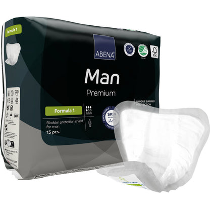 Un paquet d'ABENA Man Formula Premium de Abena Re-Seller GmbH avec 15 pièces pour une protection efficace contre l'incontinence masculine, avec un panneau retiré et présenté.