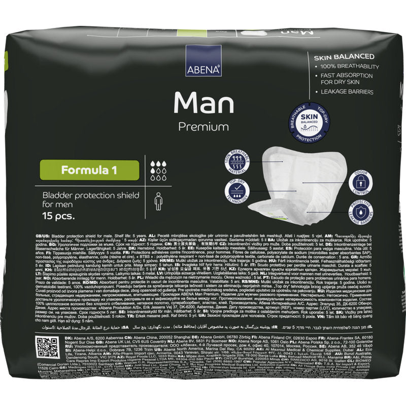 Un paquet de 15 ABENA Man Formula Premium de Abena Re-Seller GmbH, dans un emballage noir simple avec des détails de produit et des images de protection contre l'incontinence pour hommes sur le devant.