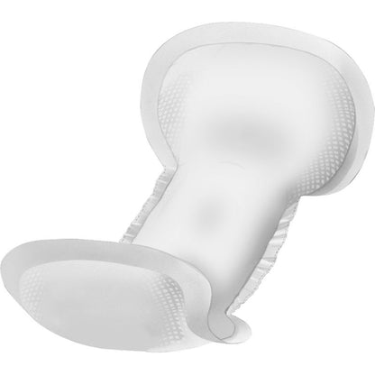 Eine Nahaufnahme einer weißen ABENA Let Einweg-Inkontinenzeinlage der Abena Re-Seller GmbH mit abgerundeten Kanten und elastischen Seitenfalten für einen sicheren Sitz.