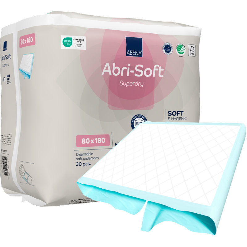 Eine Packung der Abena Re-Seller GmbH Einweg-Unterlage Abri-Soft Superdry, 80x180 cm, enthält 30 Einweg-Unterlagen. Eine Unterlage ist vorne teilweise aufgefaltet. Die Verpackung hebt die wichtigsten Eigenschaften hervor - ideal für die Pflege der Inkontinenz.