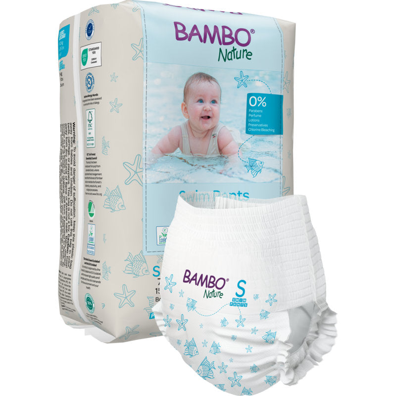 Eine Packung Bambo Nature Schwimmwindeln, Gr. S, 7-12 kg (12 Paar) von Abena Re-Seller GmbH, mit einem Baby-im-Wasser-Bild auf der Vorderseite und einer Schwimmwindel der Größe "S", die separat abgebildet ist, um Design und Größe zu zeigen.