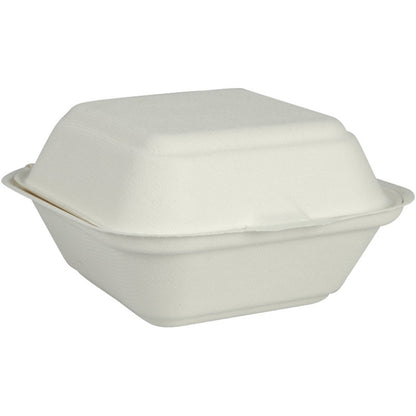 De Abena Re-Seller GmbH Burgerbox Bagasse, Wit is een gesloten, witte, rechthoekige snackcontainer met scharnierdeksel van biologisch afbreekbare en milieuvriendelijke verpakking.