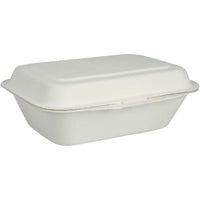De MenuBox, Bagasse, ongedeeld, wit van Abena Re-Seller GmbH is een gesloten, rechthoekige witte meeneemdoos van Faserform. Deze is biologisch afbreekbaar en composteerbaar en wordt afgebeeld tegen een eenvoudige witte achtergrond.