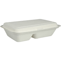 La boîte-repas d'Abena Re-Seller GmbH, fabriquée à partir de bagasse, en deux parties, de couleur blanche (25 x 16,2 x 6,3 cm), biodégradable et vendue par lot de 50 pièces, est représentée sur un fond blanc uni.